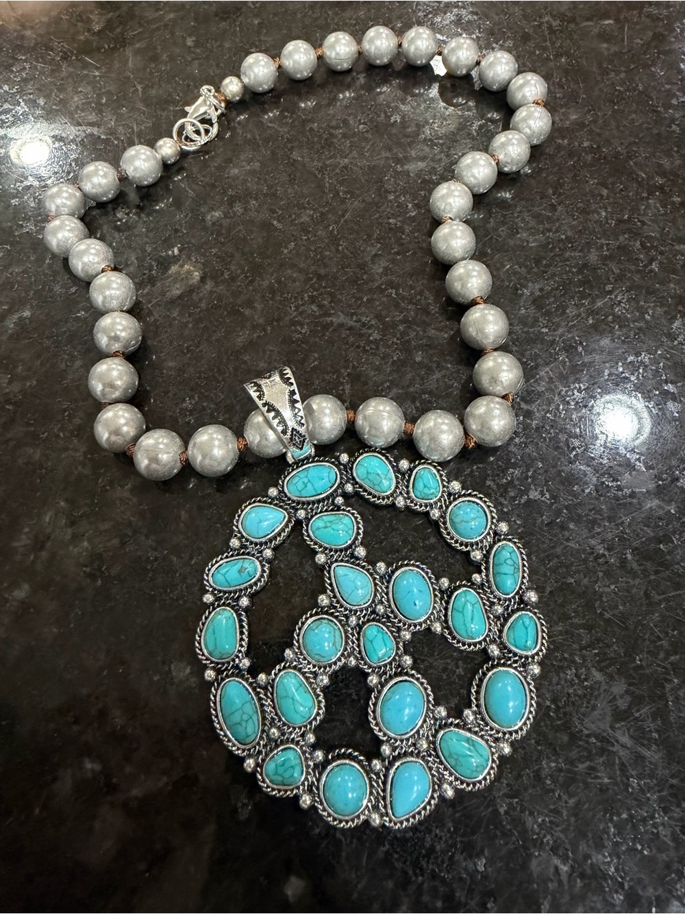Turquoise Stone Pendant Necklace with Silver Beaded Chain